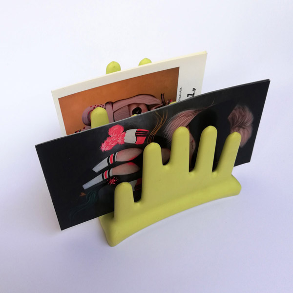 Lime plastic desk tidy with paper cards