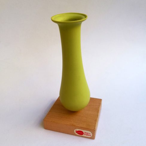Lime dip moulded plastic vase with wooden base.