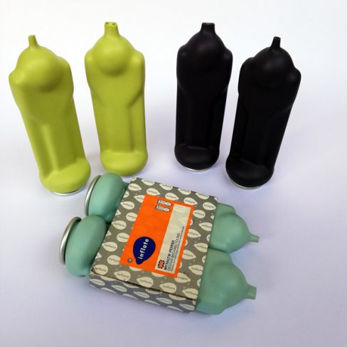 Three dip moulded plastic salt and pepper sets.