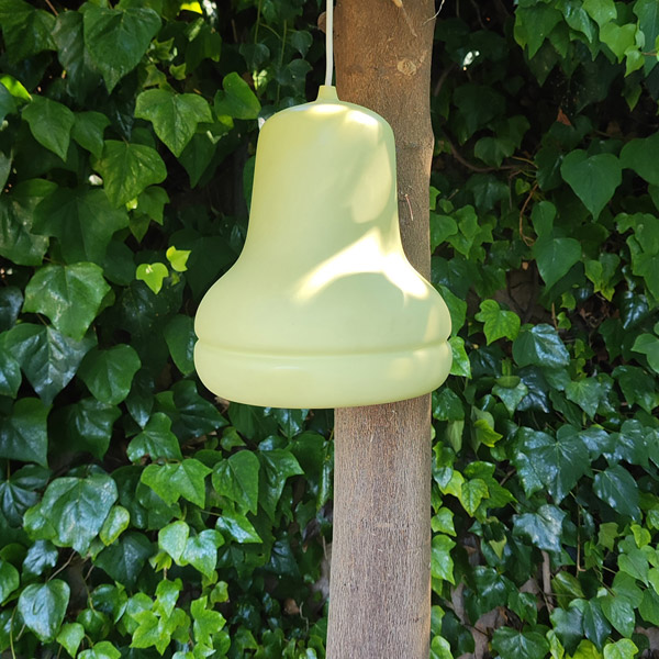 Lime dip moulded plastic pendant light hanging from a tree.
