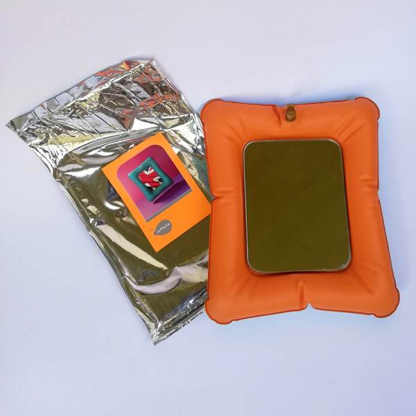 Inflatable orange mirror and silver packaging